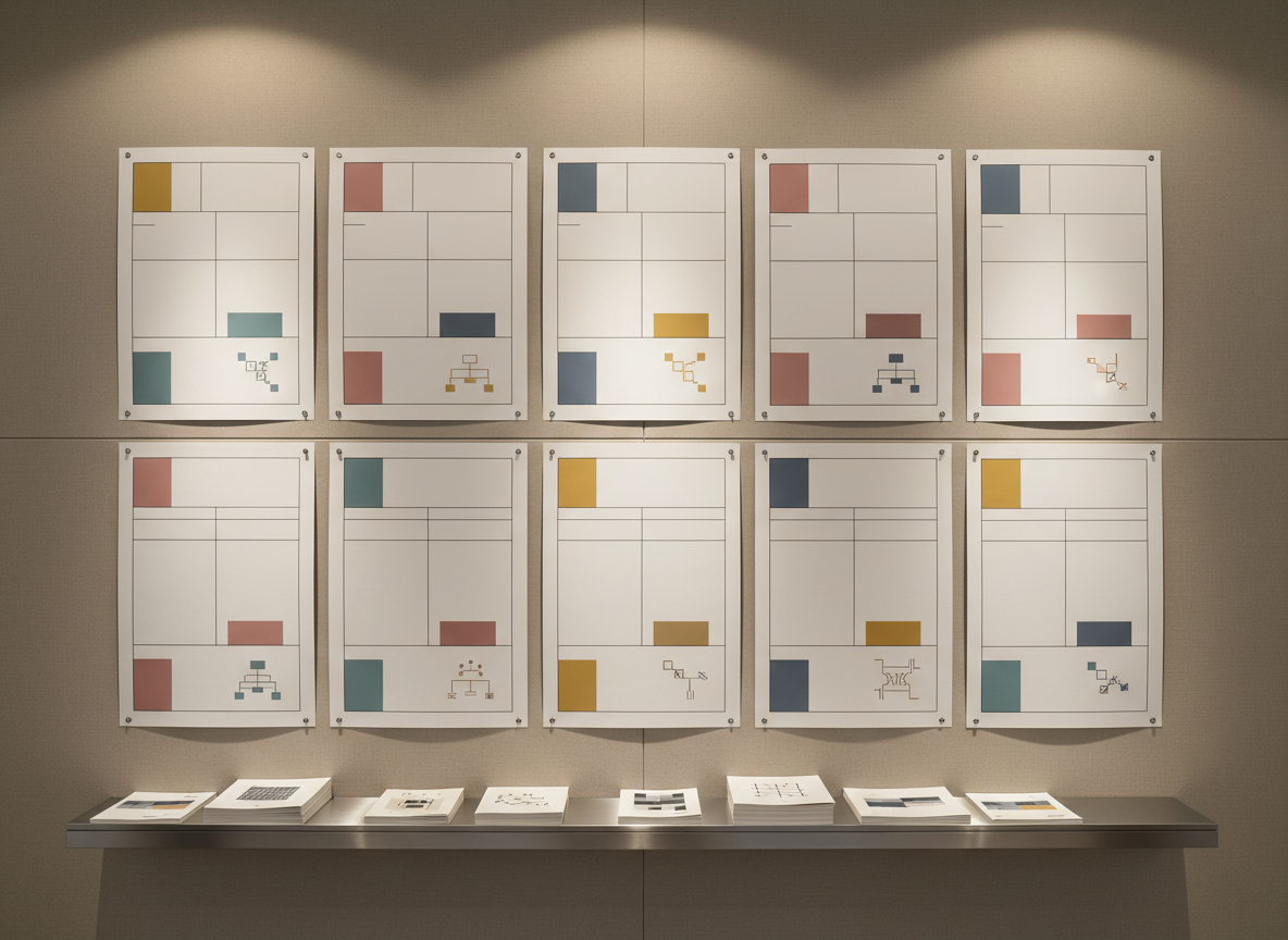 An array of printed research posters pinned to a neutral fabric-covered display wall, each poster designed with clean grids, muted color blocks, and small abstract diagrams suggesting bureaucratic processes and literary structures. Fine pushpins cast tiny shadows on the textured surface. A slim metal ledge below holds a few neatly stacked monochrome brochures. The scene is lit by soft gallery-style track lighting from above, creating gentle pools of light and subtle gradients across the posters while leaving the edges in soft shadow. Photographic realism from a straight-on, eye-level perspective with sharp focus throughout. The mood is quiet, thoughtful, and curatorial, ideal for showcasing events and collaborations in a refined research network.