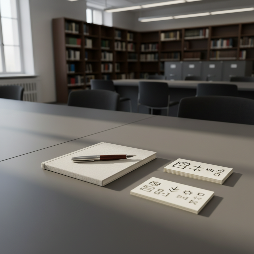 A minimalist conference table in a quiet institutional reading room, bearing only a few carefully arranged objects: a pale linen-covered notebook, a fountain pen resting diagonally, and a small stack of ivory index cards stamped with minimalist bureaucratic symbols. The table is a muted charcoal with a soft matte finish, surrounded by blurred suggestions of shelving and filing cabinets. Soft overhead lighting and indirect daylight create subtle, overlapping shadows and elegant tonal gradients. Photographic realism with a slightly elevated angle and balanced, asymmetrical composition. The atmosphere is restrained, intellectual, and orderly, evoking a sophisticated research network preparing for a seminar on paperwork, archives, and administrative aesthetics.