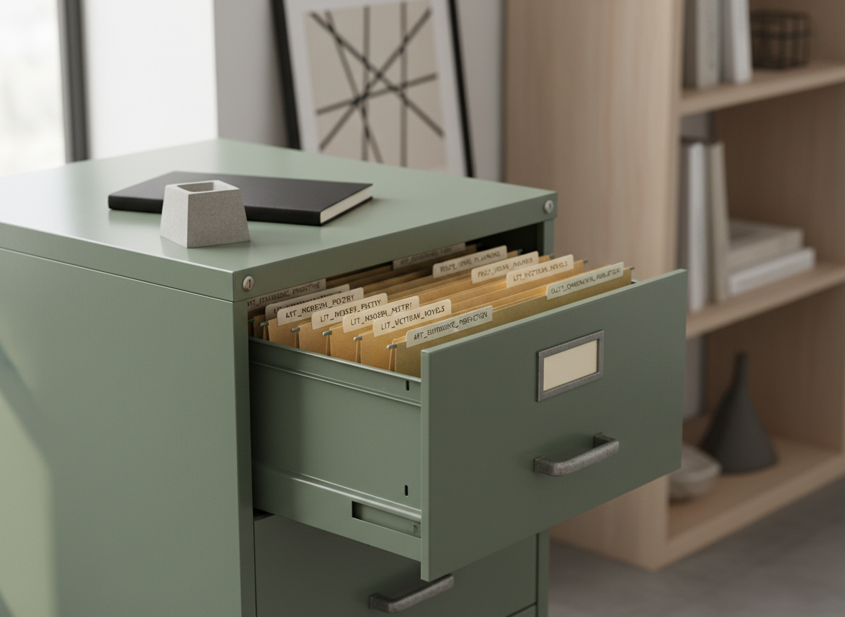 A close-up of a vintage steel filing cabinet in muted sage green, one drawer partially open to reveal carefully arranged manila folders with typed labels referencing art, literature, and policy. On top of the cabinet sits a slim, matte-black notebook and a small, geometric concrete paperweight. The background shows a blurred hint of a modern bookshelf with a few neutral-toned books and a minimalist abstract print. Side lighting from an unseen window creates soft highlights along the cabinet’s edges and gentle shadows between the folders. Photographic realism with a slightly low angle and shallow depth of field. The atmosphere feels archival yet contemporary, subtly elegant, capturing bureaucracy as an aesthetic research object.
